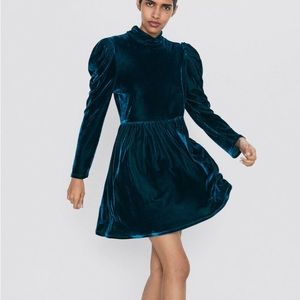 ZARA Duck Green Teal Velour Dress with Puff Sleeves XS